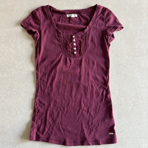 Aeropostale Stretch Ruffle Scoop Neck Henley Tee ALT ASO Elena Gilbert - Picture 2 of 5
